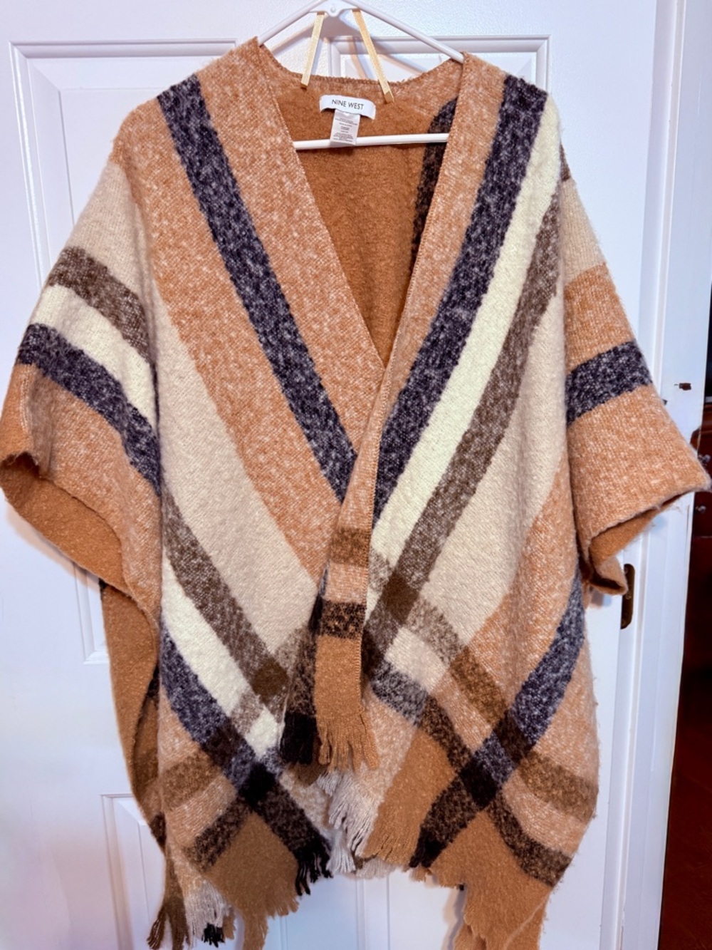 Nine West Camel Cream and Brown Striped Poncho Sweater